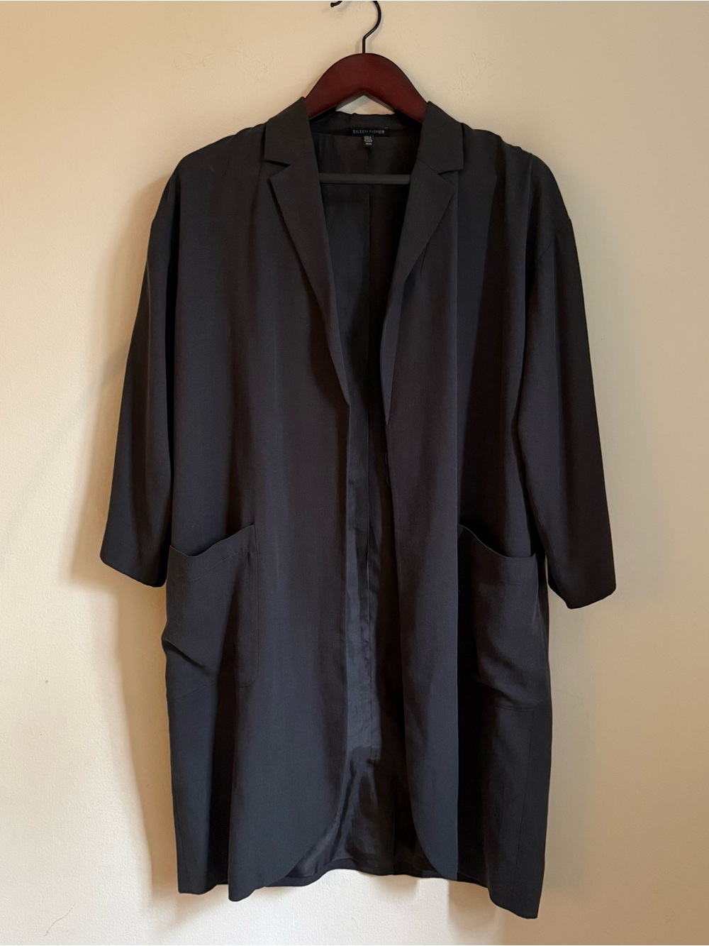 Eileen Fisher Long Blazer Jacket Gray Size M 100%Tencel Lyocell 100% Silk Lined